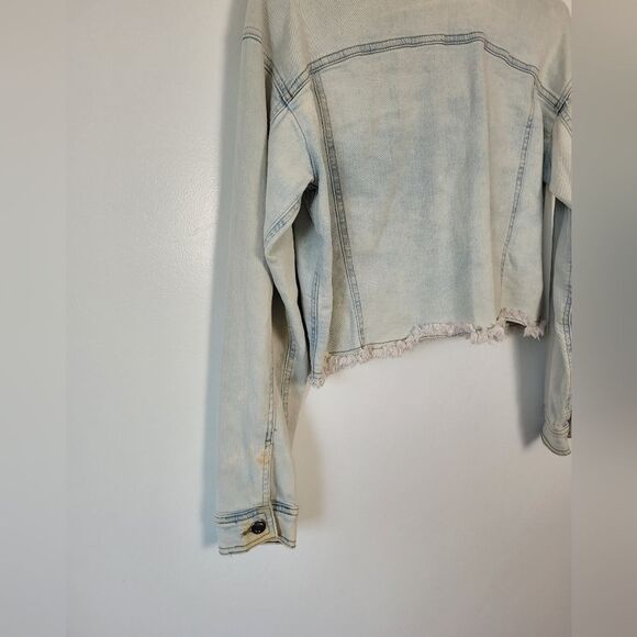 Venus Cropped Acid Wash Denim Jean Jacket Fringe Trim Grunge 90s Biker Small - Picture 8 of 14